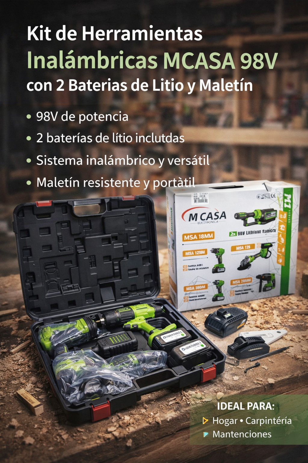 Maleta 4 Herramientas Brushless M-Casa | Taladro, Esmeril, Llave de Impacto y Rotomartillo + 2 Baterías