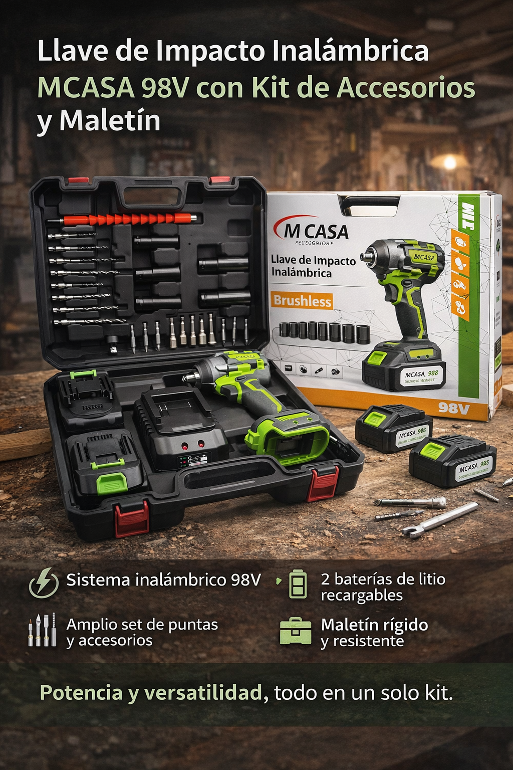 Llave de Impacto 1/2” 800Nm M-Casa Brushless | 2 Baterías, Cargador y Maleta con Accesorios