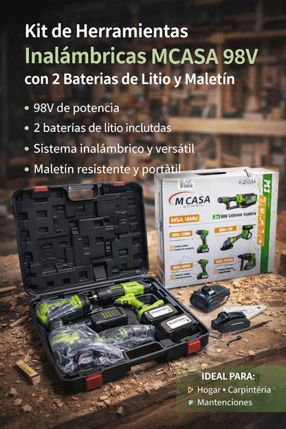 Maleta 4 Herramientas Brushless M-Casa | Taladro, Esmeril, Llave de Impacto y Rotomartillo + 2 Baterías