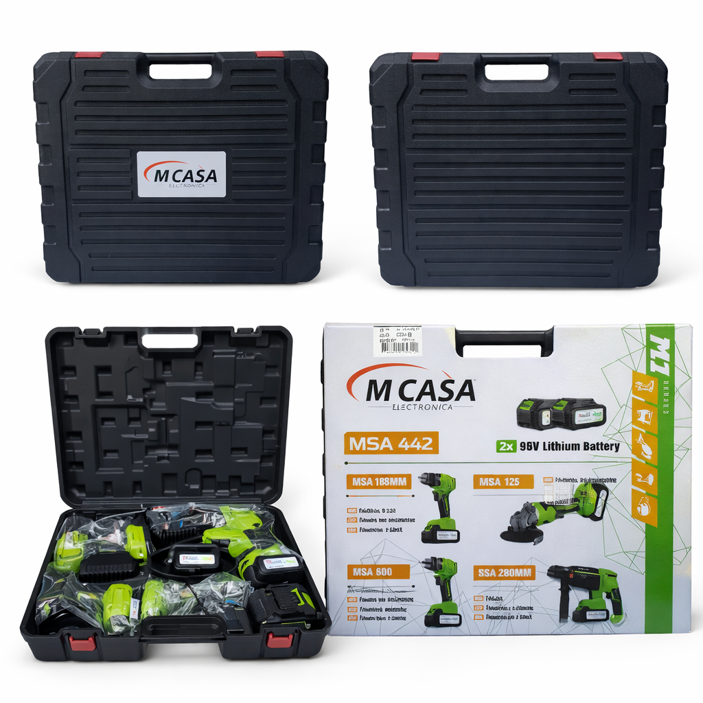 Maleta 4 Herramientas Brushless M-Casa | Taladro, Esmeril, Llave de Impacto y Rotomartillo + 2 Baterías