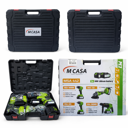 Maleta 4 Herramientas Brushless M-Casa | Taladro, Esmeril, Llave de Impacto y Rotomartillo + 2 Baterías