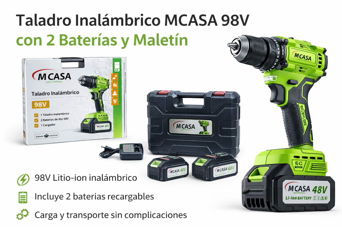 Taladro Inalámbrico MCASA 98V con 2 Baterías y Maletín